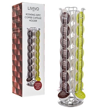 livivo® Kaffee-Kapselhalter – Organisieren und Display Ihren Kaffee Pods in Stil – bis Platz in ihrer Küche – Tower Ständer Spender mit Rutschfeste FILZ Unterseite – hergestellt aus hochwertigem verchromtem Edelstahl 32 Dolce - 1